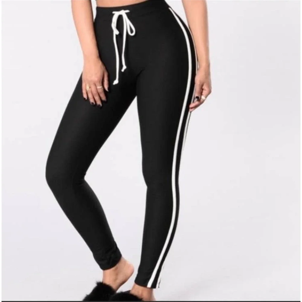 Fashion Nova Black Double White Striped Casual Active High Waisted Leggings - Picture 2 of 15